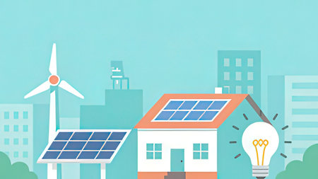 Solar panels and wind turbines in the city. Renewable energy concept.