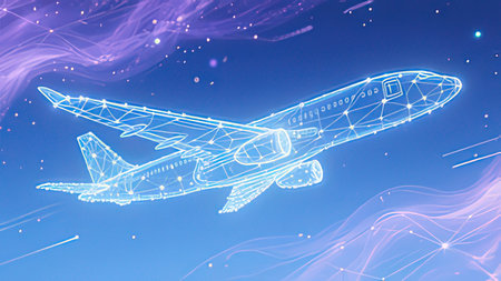 Abstract polygonal airplane on blue background. 3D Rendering