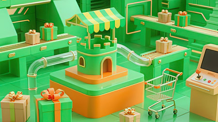 3d illustration of a green shop with gift boxes and shopping cartの写真素材
