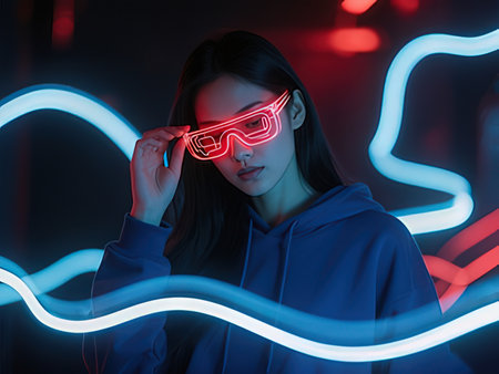 beautiful asian woman in 3d glasses posing in neon light