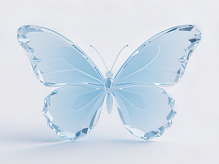 Blue glass butterfly isolated on white background. 3d render illustration.