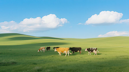 Cows grazing on green meadow in spring, 3d rendering