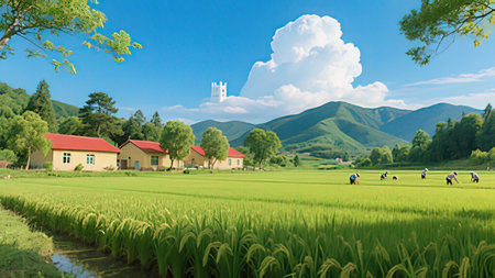 Rice field and blue sky in summer season,3d renderingの写真素材