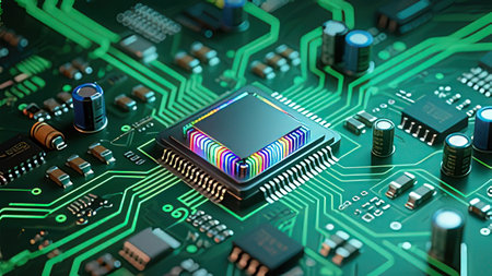 Close-up of electronic circuit board with processor. 3D renderingの写真素材