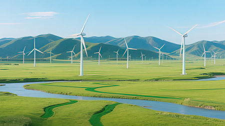 Wind turbines generating electricity in the green grass field with blue sky backgroundの写真素材