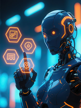 3d rendering humanoid robot pointing finger up on hologram screen background