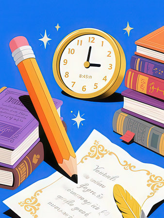Vector illustration of books, pencils and clock on blue background.