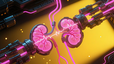 Digital illustration of kidney in color background. 3D rendering