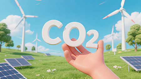 3D rendering of a hand holding the word CO2 with wind turbines in the background