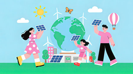 Eco friendly concept. People with solar panels and windmills. Vector illustration