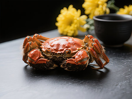 Cooked steamed crab on a black slate plate with yellow flowers
