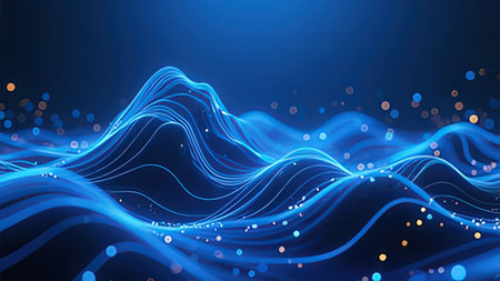3d render abstract background with blue waves and bokeh lights