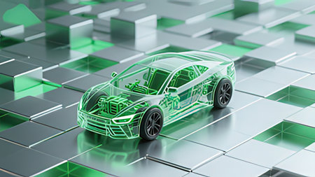 Green car with circuit on the white background. 3d illustration.