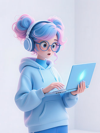 3D rendering of a cute teenager girl with pink hair wearing a blue hoodie with a laptop.の写真素材