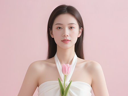 Beautiful asian woman with tulip on pink background, asian beautyの写真素材