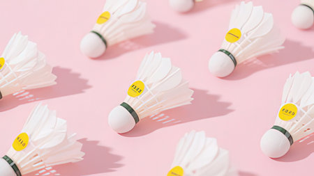 close up view of badminton shuttlecocks on pink backgroundの写真素材