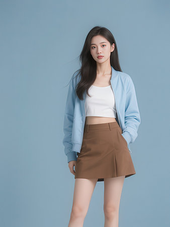 beautiful asian woman wearing blue shirt and brown skirt on blue background