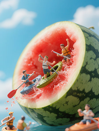 Watermelon with people on a kayak. 3d illustration.の写真素材