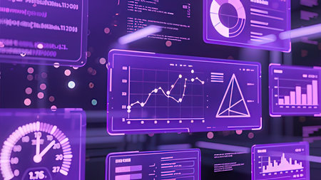 Digital composite of Futuristic interface with graphs and charts against purple backgroundの写真素材