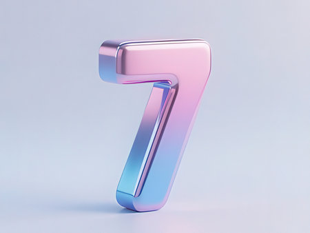 Blue metallic number 7 on white background. 3d rendered font character.の写真素材