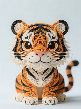 Tiger made of wood on a white background, close-upの写真素材