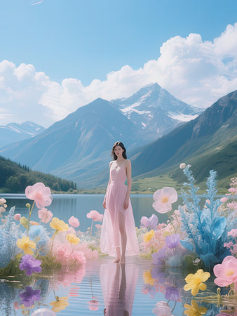 3d illustration of a beautiful girl in a long pink dress on the background of mountainsの写真素材
