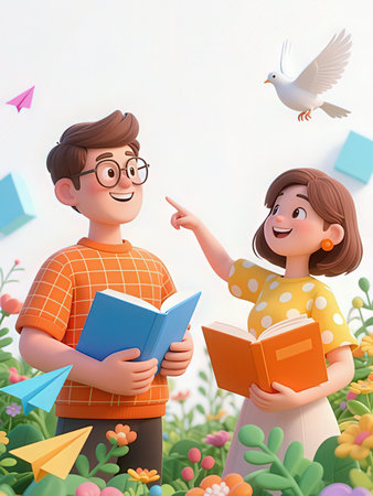 Boy and girl reading a book in the garden. Vector illustration.の写真素材