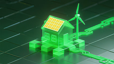 3d illustration of house with solar panels and wind turbines on green backgroundの写真素材