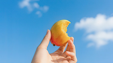 Hand holding a ripe apple against the blue sky with clouds.の写真素材