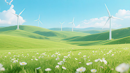 Green meadow with wind turbines and daisies against blue skyの写真素材