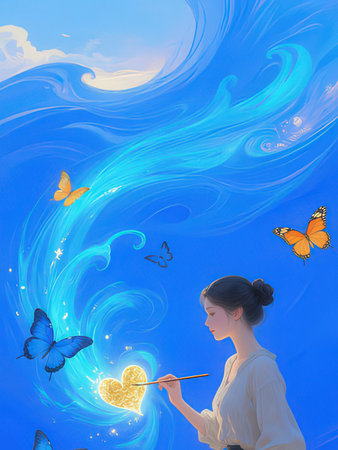 Girl draws a heart on a blue background with clouds and butterflies.の写真素材