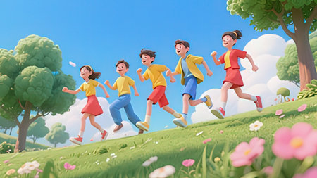 3d illustration of a group of young people running in the parkの写真素材