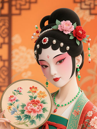 3d illustration of a geisha with a fan in her handの写真素材
