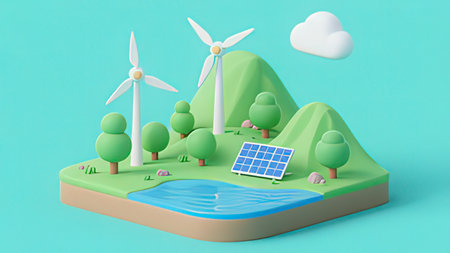 Ecology concept with wind turbines and solar panels. 3D renderingの写真素材