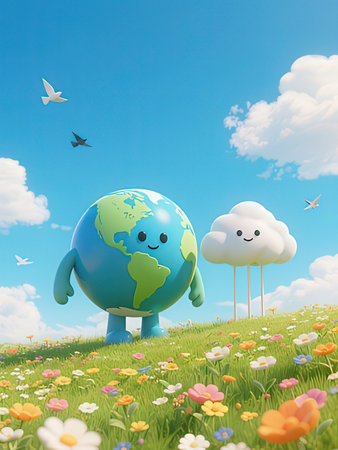 Earth day concept with planet and clouds on a green meadow, illustrationの写真素材