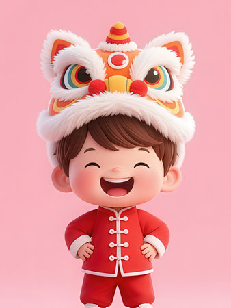3D Illustration of a Little Chinese Boy Wearing a Lion Costume