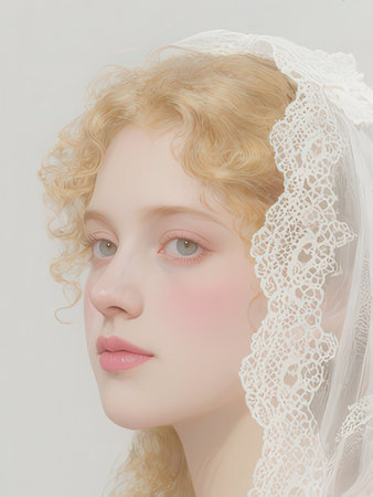Portrait of a beautiful woman with curly hair and a white veilの写真素材
