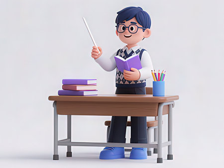 3D Render of a boy with glasses and books on his deskの写真素材