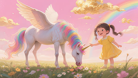 3d illustration of a little girl and a unicorn in the meadowの写真素材