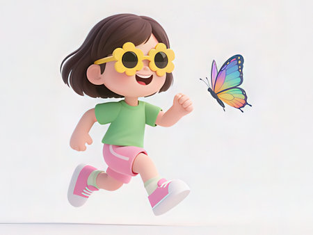 cute little girl with butterfly on her hand. 3d renderingの写真素材