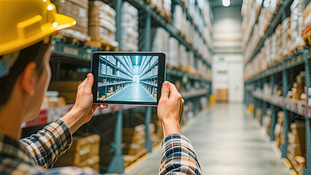 Female warehouse worker using tablet in warehouse. This is a freight transportation and distribution warehouse. Industrial and industrial workers conceptの写真素材