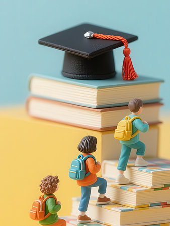 Miniature people : Students with Graduation cap and books on colorful backgroundの写真素材