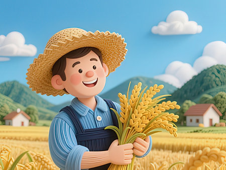 3D illustration of a farmer holding a bunch of rice in the rice fieldの写真素材