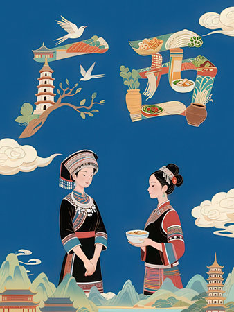 Illustration of two Chinese women in traditional clothesの写真素材