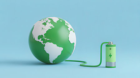 Green battery with earth globe on blue background. 3D illustration.
