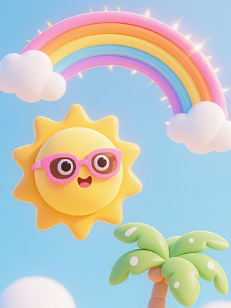 Cute cartoon sun on the background of the rainbow and clouds.
