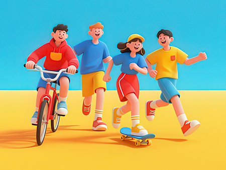 Group of children on roller skates and bicycles, 3d illustrationの写真素材