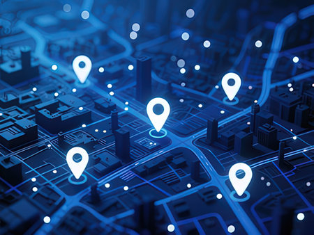 Blue city map with pins. 3d rendering toned image double exposure