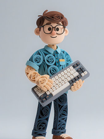 Cute cartoon boy holding keyboard, 3d rendering. Computer digital drawing.
