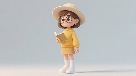 3d rendering of a cute girl wearing a hat reading a book